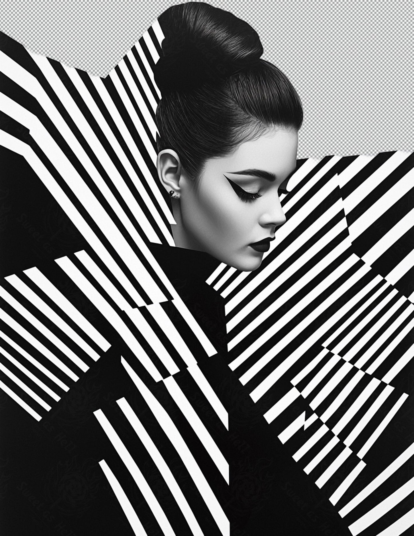 Black And White Fashion Photo of a Woman In The Center of a Optical Illusion That Creates Visual Depth and Movement With Transparent Background 002 SN2752 - Sweet As Hell Designs