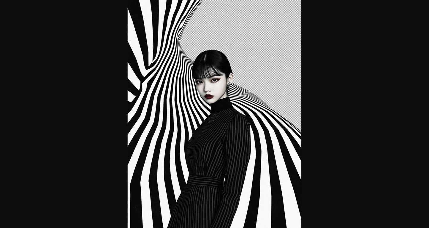 Black And White Fashion Photo of a Woman In The Center of a Optical Illusion That Creates Visual Depth and Movement With Transparent Background 004 SN2759 - Sweet As Hell Designs