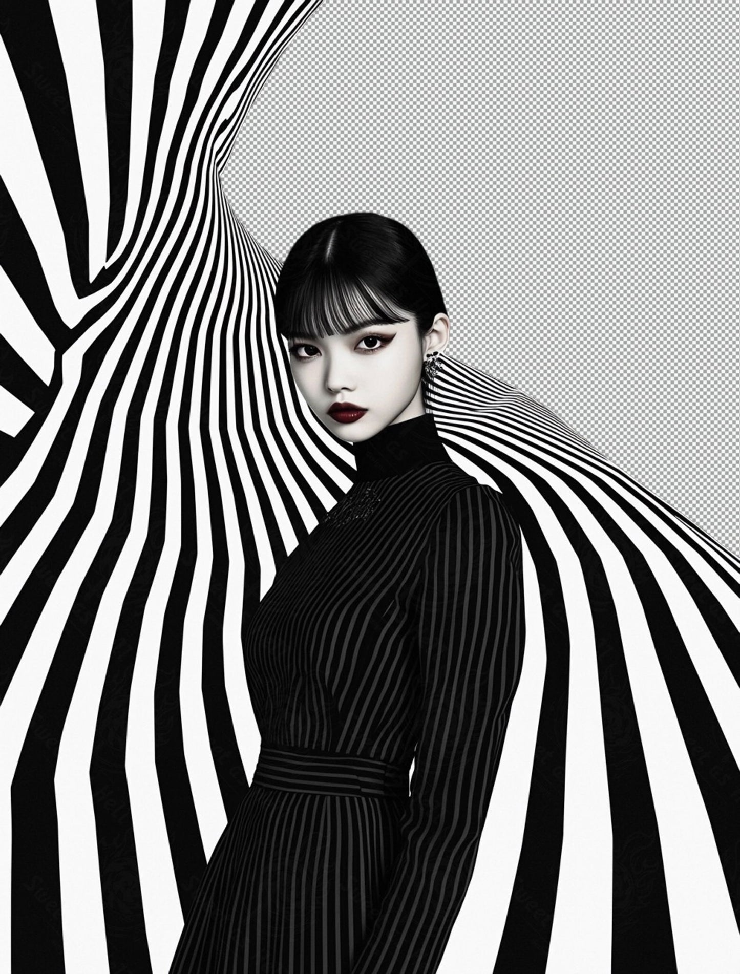 Black And White Fashion Photo of a Woman In The Center of a Optical Illusion That Creates Visual Depth and Movement With Transparent Background 004 SN2759 - Sweet As Hell Designs