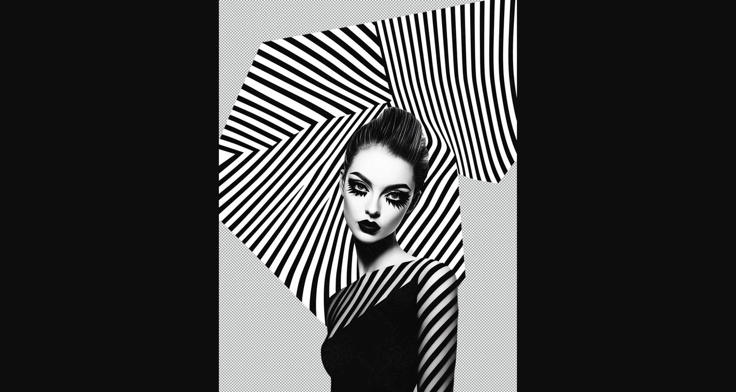 Black And White Fashion Photo of a Woman In The Center of a Optical Illusion That Creates Visual Depth and Movement With Transparent Background 005 SN2760 - Sweet As Hell Designs
