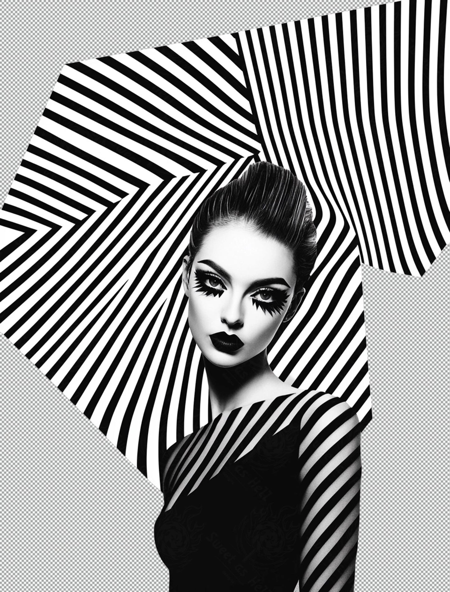 Black And White Fashion Photo of a Woman In The Center of a Optical Illusion That Creates Visual Depth and Movement With Transparent Background 005 SN2760 - Sweet As Hell Designs
