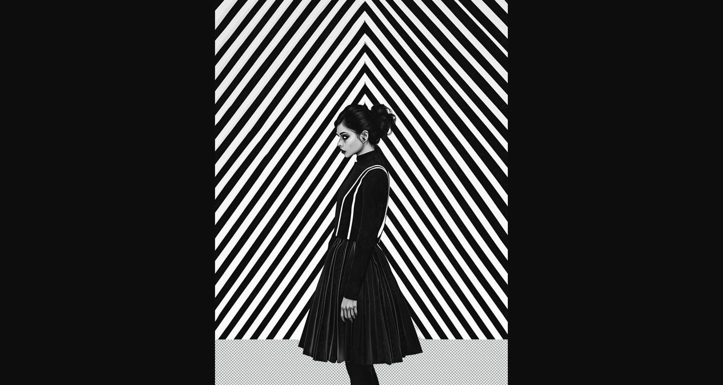 Black And White Fashion Photo of a Woman In The Center of a Optical Illusion That Creates Visual Depth and Movement With Transparent Background 006 SN2761 - Sweet As Hell Designs