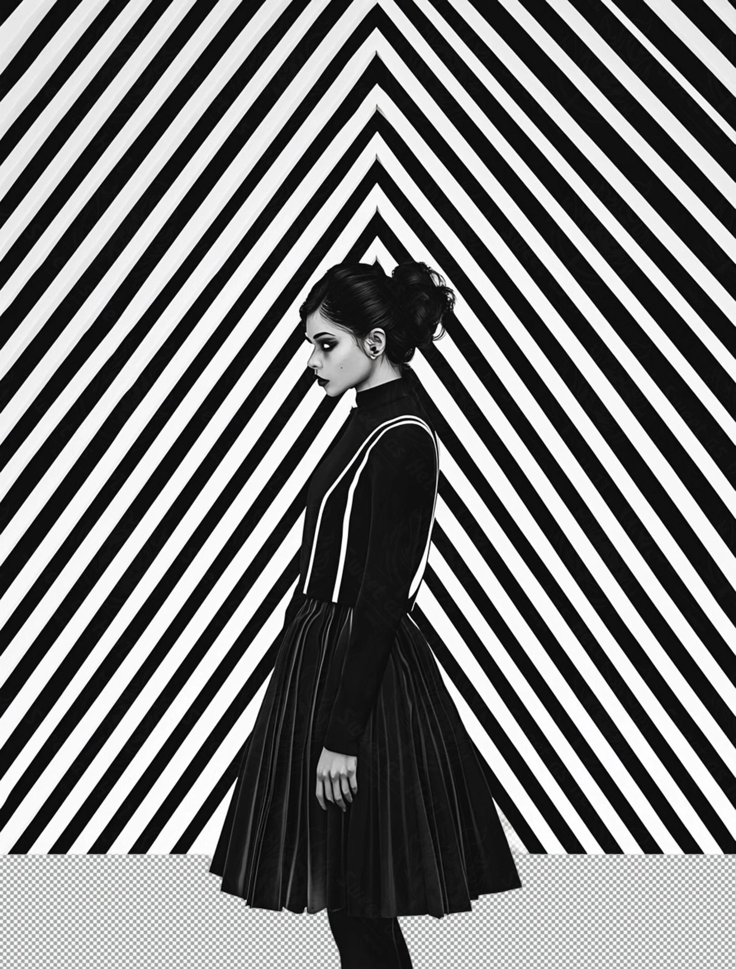 Black And White Fashion Photo of a Woman In The Center of a Optical Illusion That Creates Visual Depth and Movement With Transparent Background 006 SN2761 - Sweet As Hell Designs