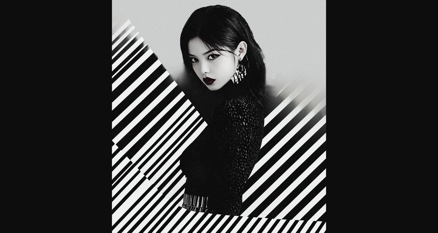 Black And White Fashion Photo of a Woman In The Center of a Optical Illusion That Creates Visual Depth and Movement With Transparent Background 007 SN2764 - Sweet As Hell Designs