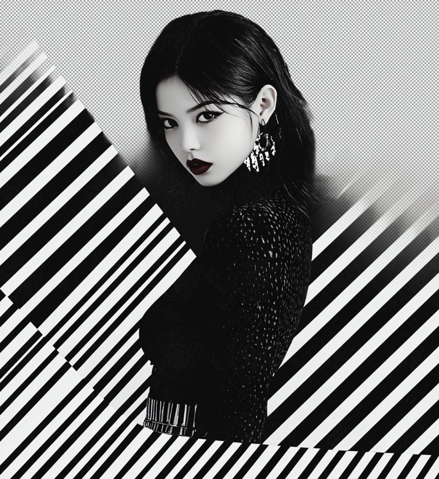 Black And White Fashion Photo of a Woman In The Center of a Optical Illusion That Creates Visual Depth and Movement With Transparent Background 007 SN2764 - Sweet As Hell Designs