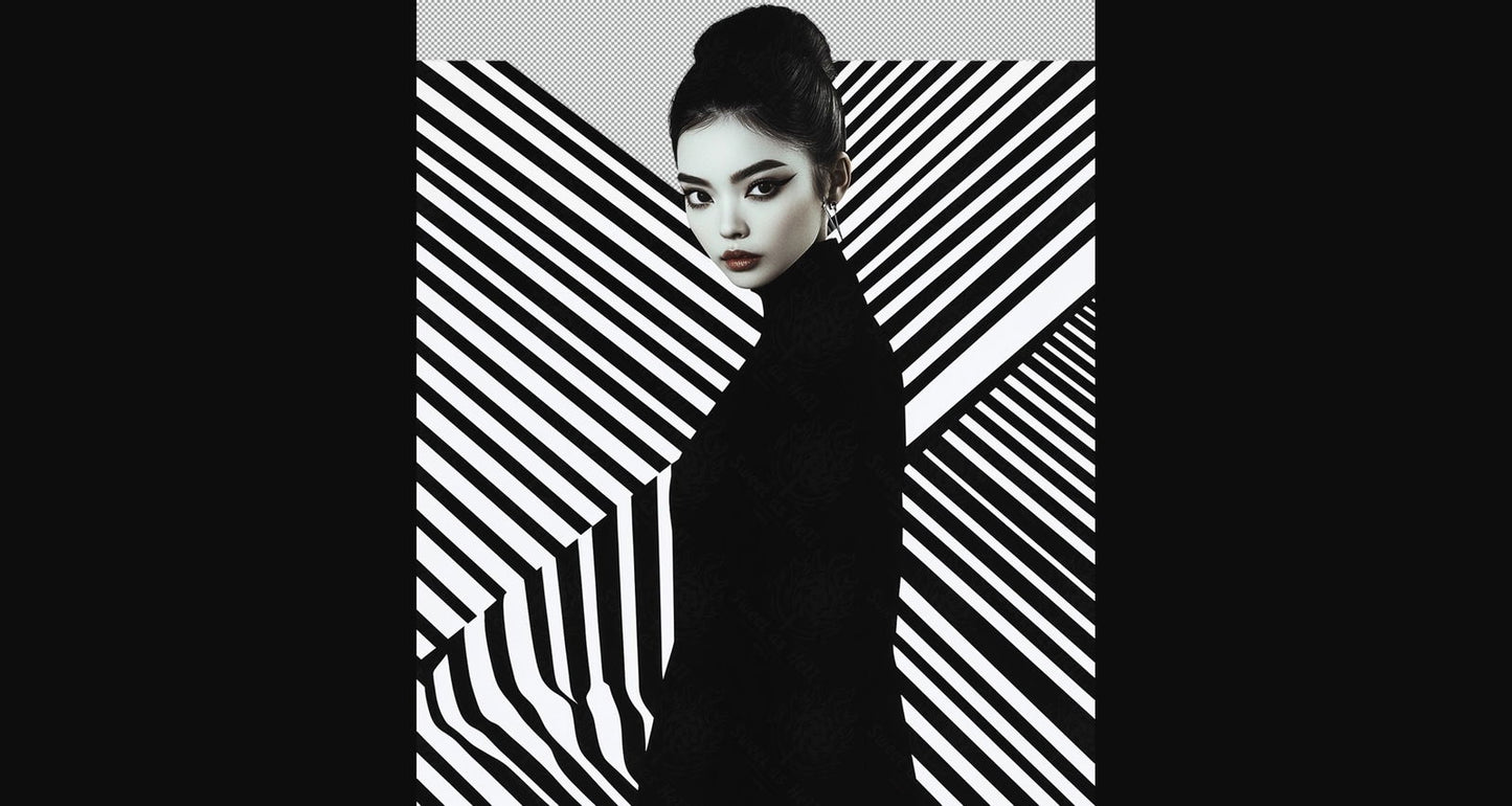 Black And White Fashion Photo of a Woman In The Center of a Optical Illusion That Creates Visual Depth and Movement With Transparent Background 009 SN2769 - Sweet As Hell Designs