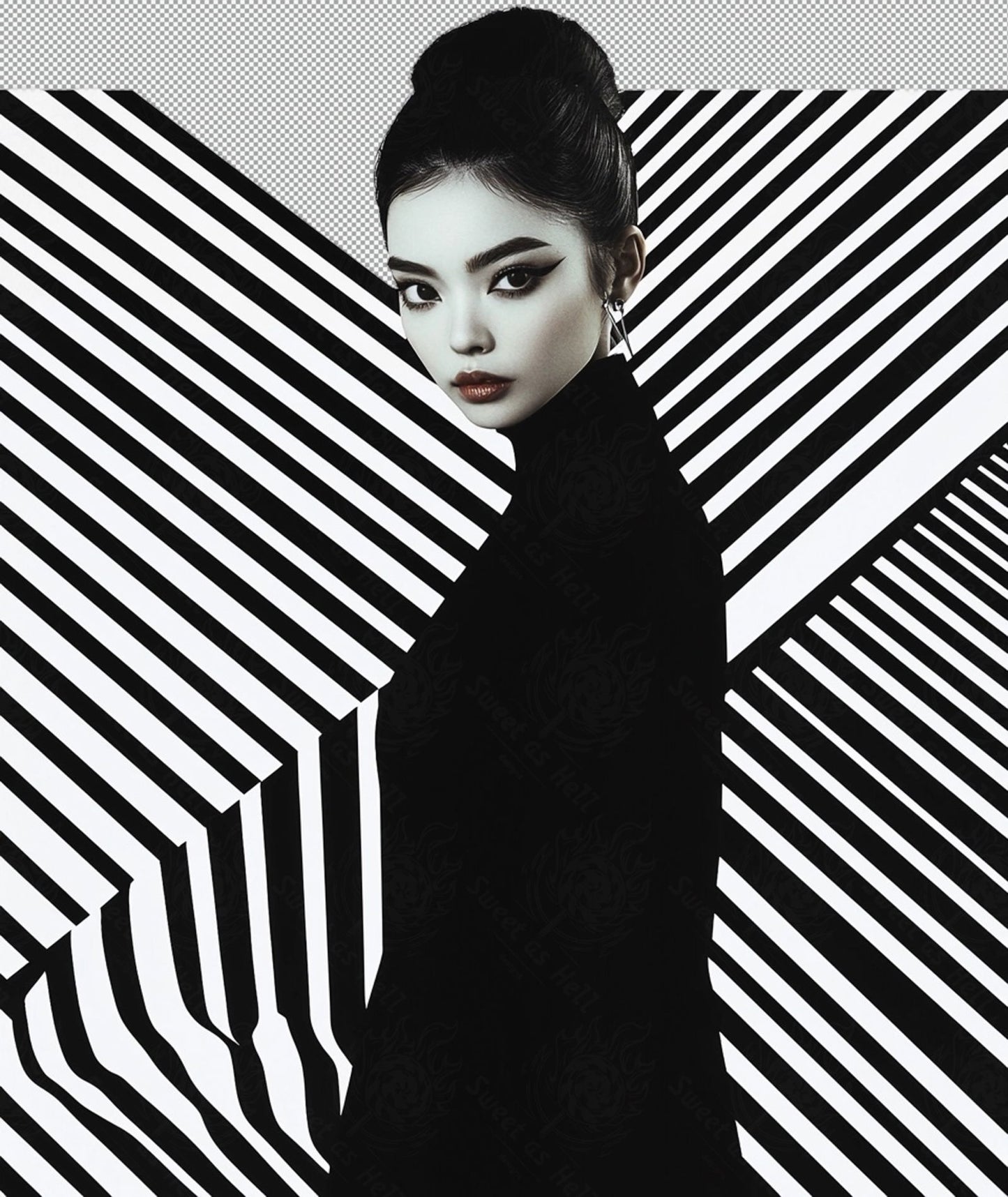 Black And White Fashion Photo of a Woman In The Center of a Optical Illusion That Creates Visual Depth and Movement With Transparent Background 009 SN2769 - Sweet As Hell Designs