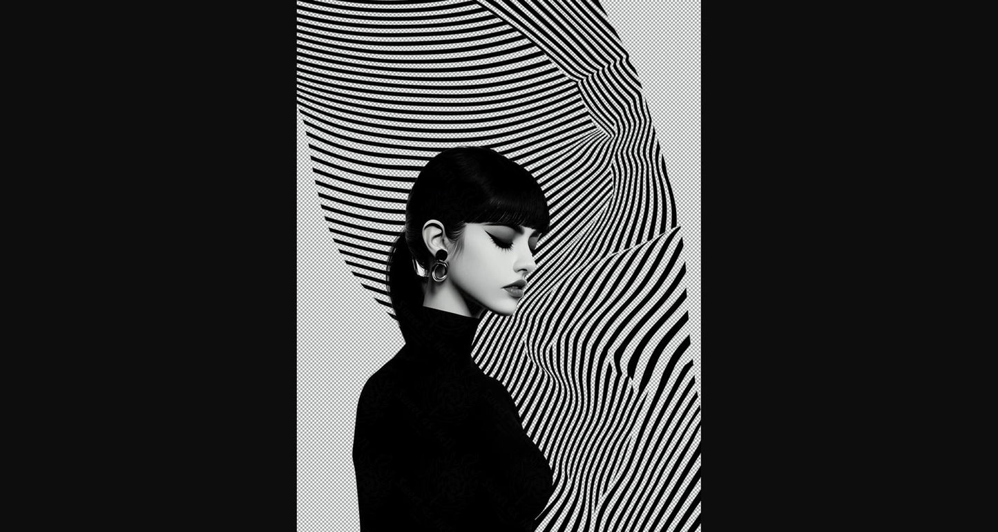 Black And White Fashion Photo of a Woman In The Center of a Optical Illusion That Creates Visual Depth and Movement With Transparent Background 034 SN2782 - Sweet As Hell Designs
