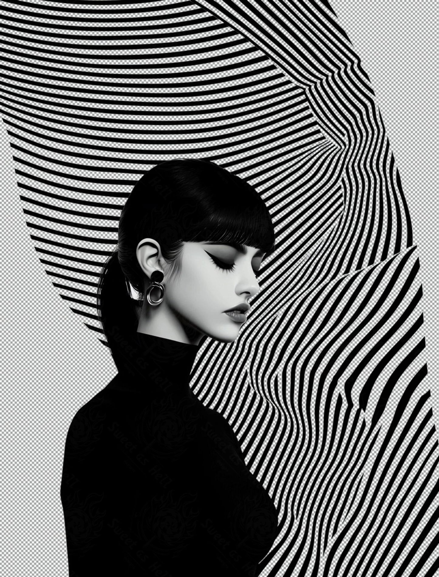 Black And White Fashion Photo of a Woman In The Center of a Optical Illusion That Creates Visual Depth and Movement With Transparent Background 034 SN2782 - Sweet As Hell Designs