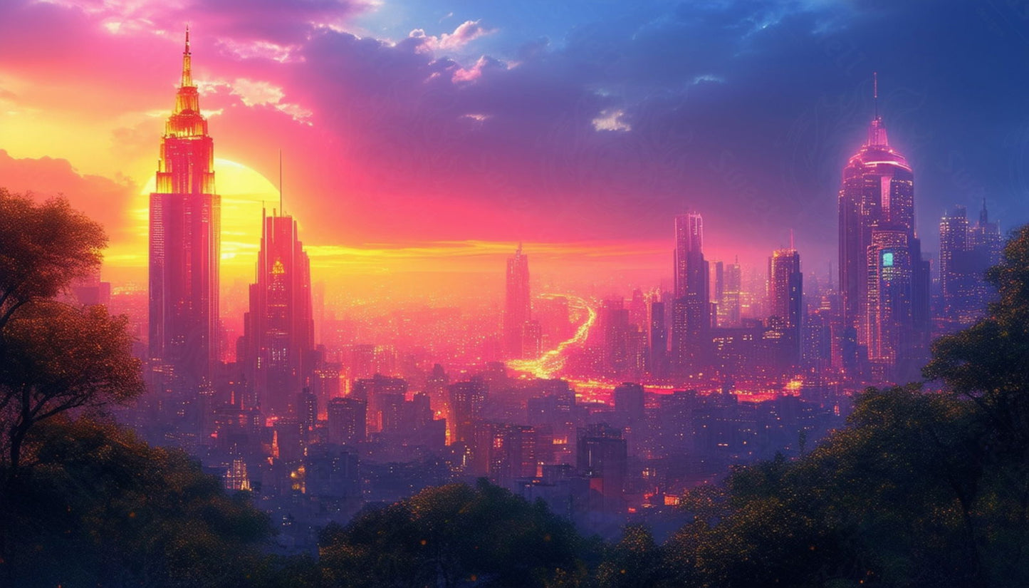 Cityscape Highlighted by the Setting Sun and Rich Colors 9 by 16 0001 SN769 - Sweet As Hell Designs