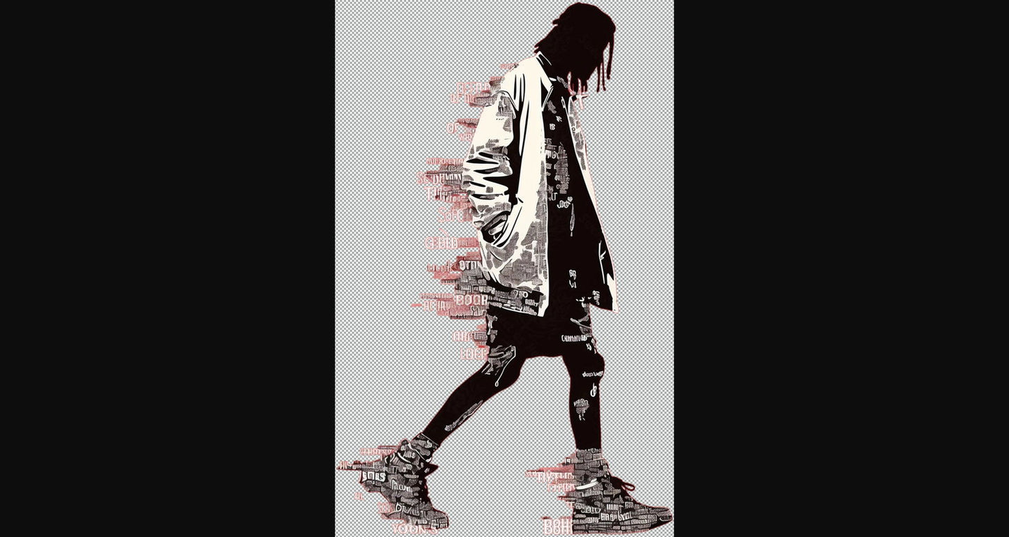 Full length Urban Character in Streetwear Composed of Overlapping Shapes and or Letters That Create Depth Texture and Movement With Transparent Background 012 SN2796 - Sweet As Hell Designs