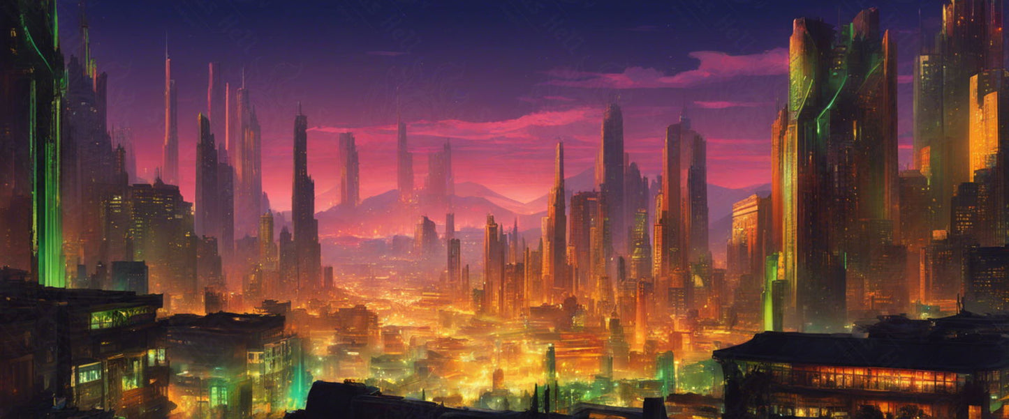 Illustrated Photo of Sprawling Cityscape During Twilight Hour 0030 SN913 - Sweet As Hell Designs