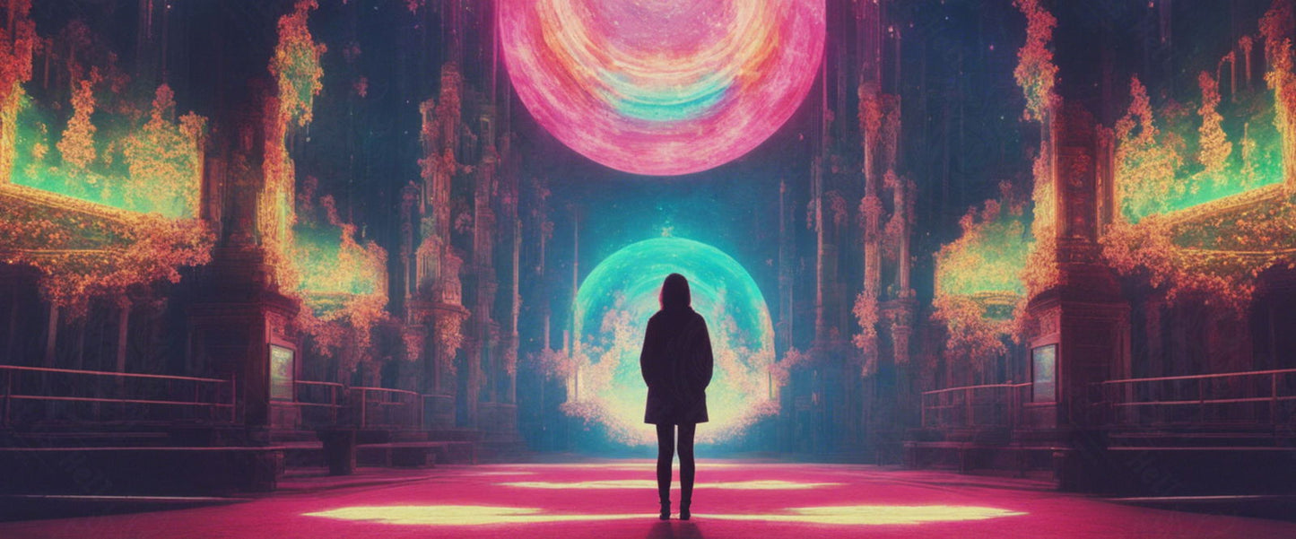 Modern Fantasy Scene of a Female Standing in a Palace Chamber Staring at Globe Shaped Entities Directly Ahead of Her That Fill the Sky 21 by 9 0001 SN923 - Sweet As Hell Designs