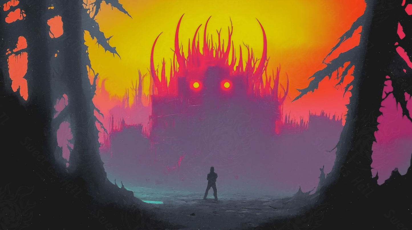 Silhouette facing surreal glowing structure in forest SN3073 - Sweet As Hell Designs