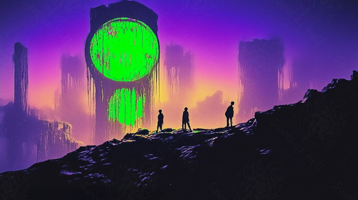 Silhouettes walking across a surreal landscape overwatched by green glowing flood lights SN3074 - Sweet As Hell Designs