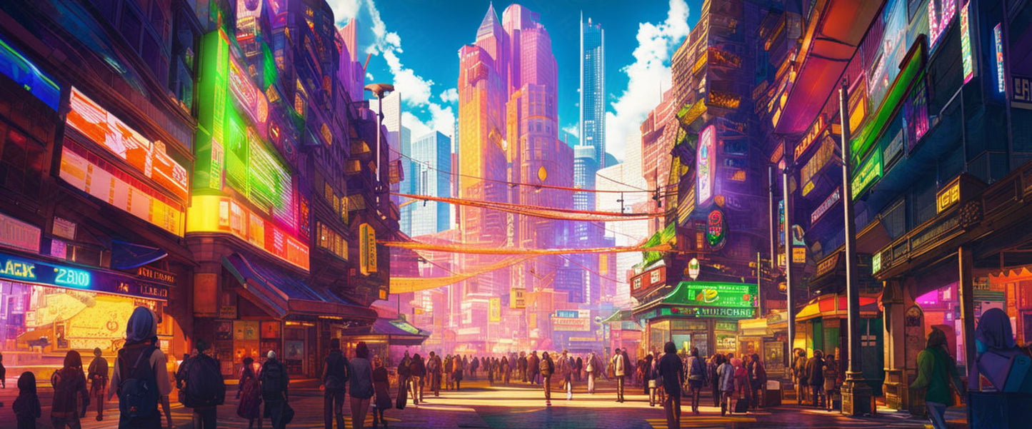 Street Level Illustrated View of a Densely Populated City Set Sometime in the Near Future 0059 SN1010 - Sweet As Hell Designs