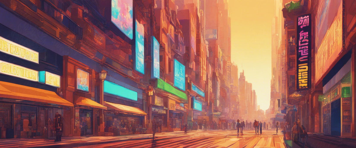 Street Level Illustrated View of a Densely Populated City Set Sometime in the Near Future 0064 SN1015 - Sweet As Hell Designs