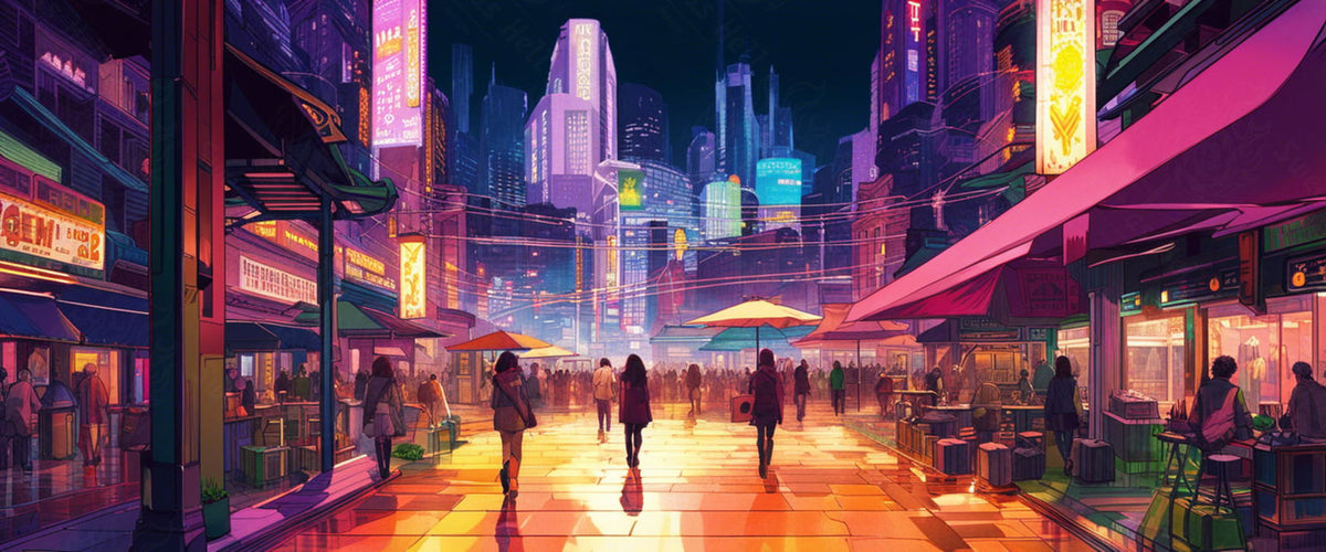 Street Level Illustrated View of a Densely Populated City Set Sometime in the Near Future 0086 SN1037 - Sweet As Hell Designs