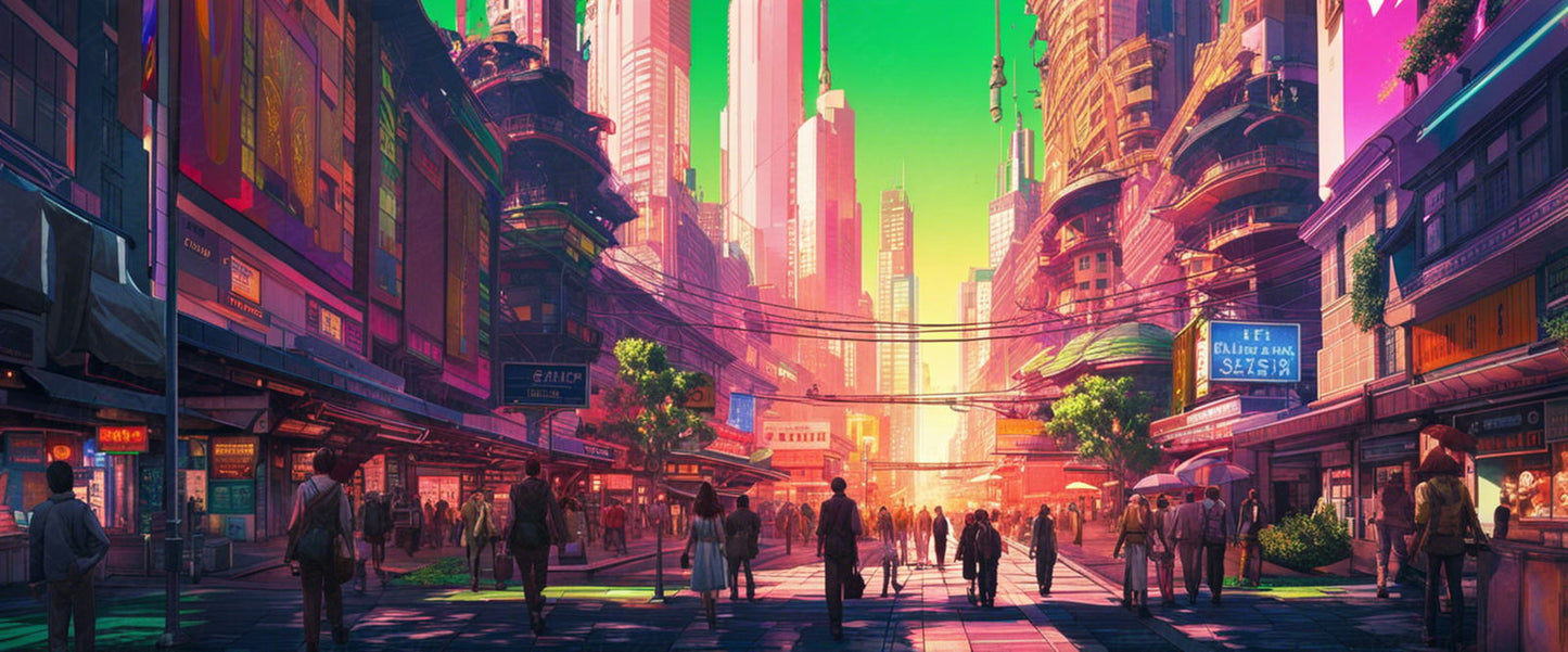 Street Level Illustrated View of a Densely Populated City Set Sometime in the Near Future 0093 SN1044 - Sweet As Hell Designs