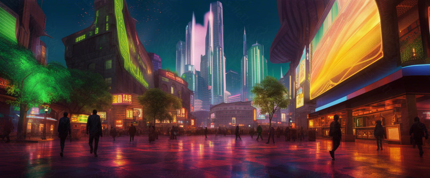 Street Level Illustrated View of a Densely Populated City Set Sometime in the Near Future 0116 SN1067 - Sweet As Hell Designs