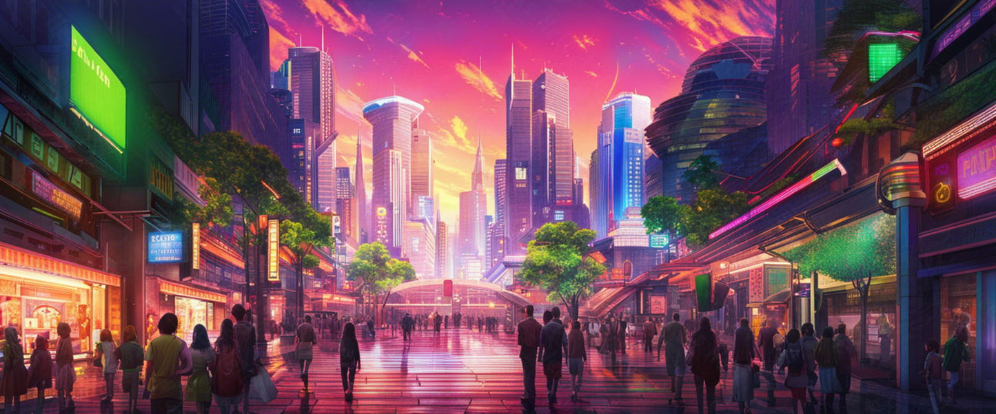 Street Level Illustrated View of a Densely Populated City Set Sometime in the Near Future 0132 SN1083 - Sweet As Hell Designs