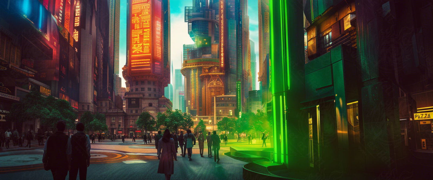 Street Level Illustrated View of a Densely Populated City Set Sometime in the Near Future 0134 SN1085 - Sweet As Hell Designs