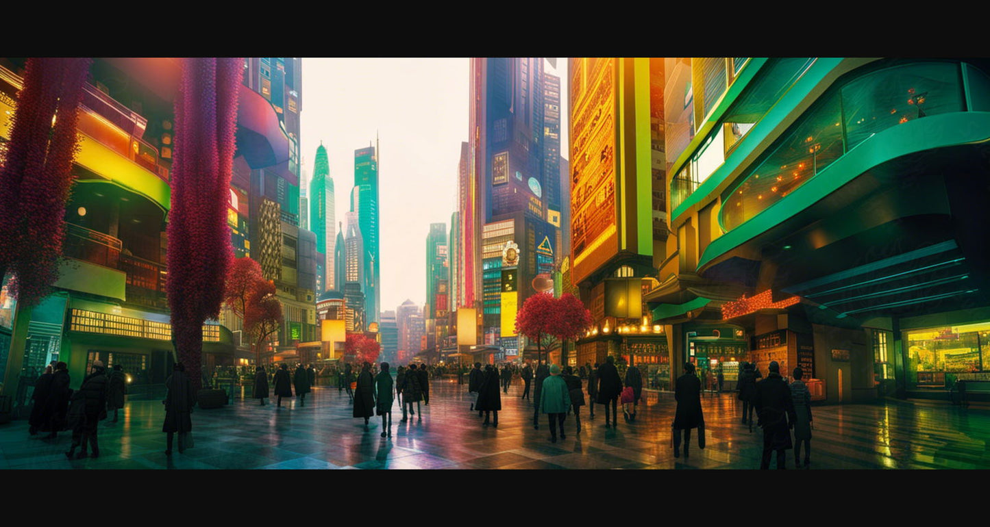 Street Level Illustrated View of a Densely Populated City Set Sometime in the Near Future 0135 SN1086 - Sweet As Hell Designs