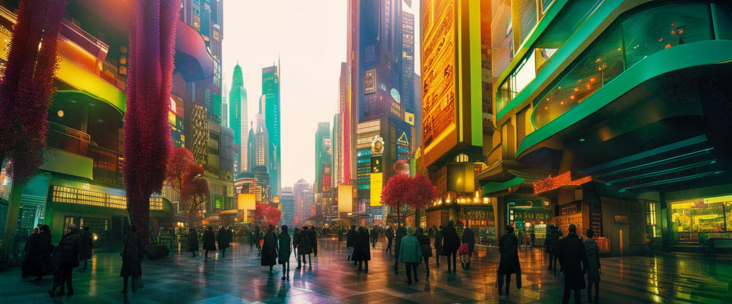 Street Level Illustrated View of a Densely Populated City Set Sometime in the Near Future 0135 SN1086 - Sweet As Hell Designs