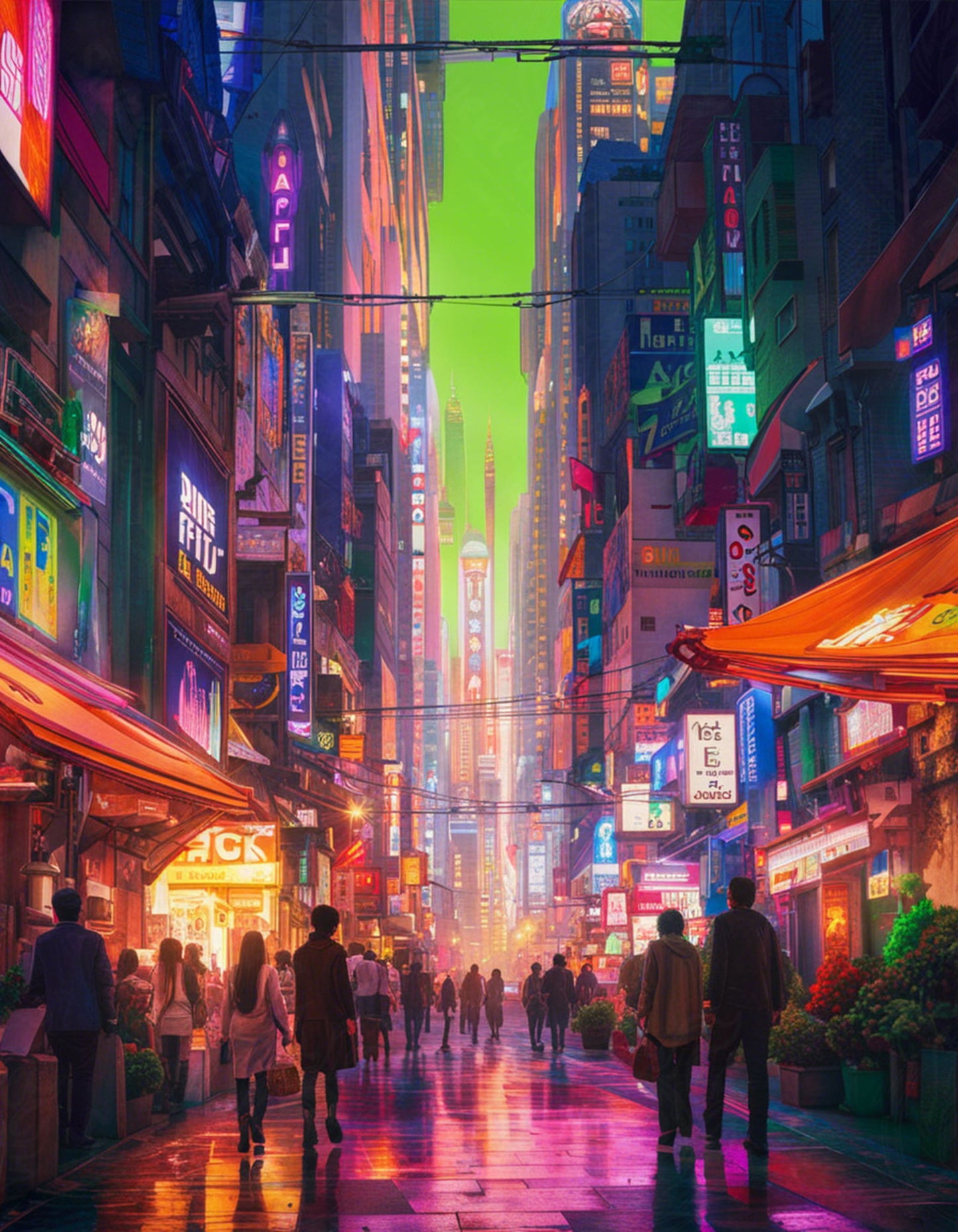 Street Level Illustrated View of a Densely Populated City Set Sometime in the Near Future 0150 SN1101 - Sweet As Hell Designs