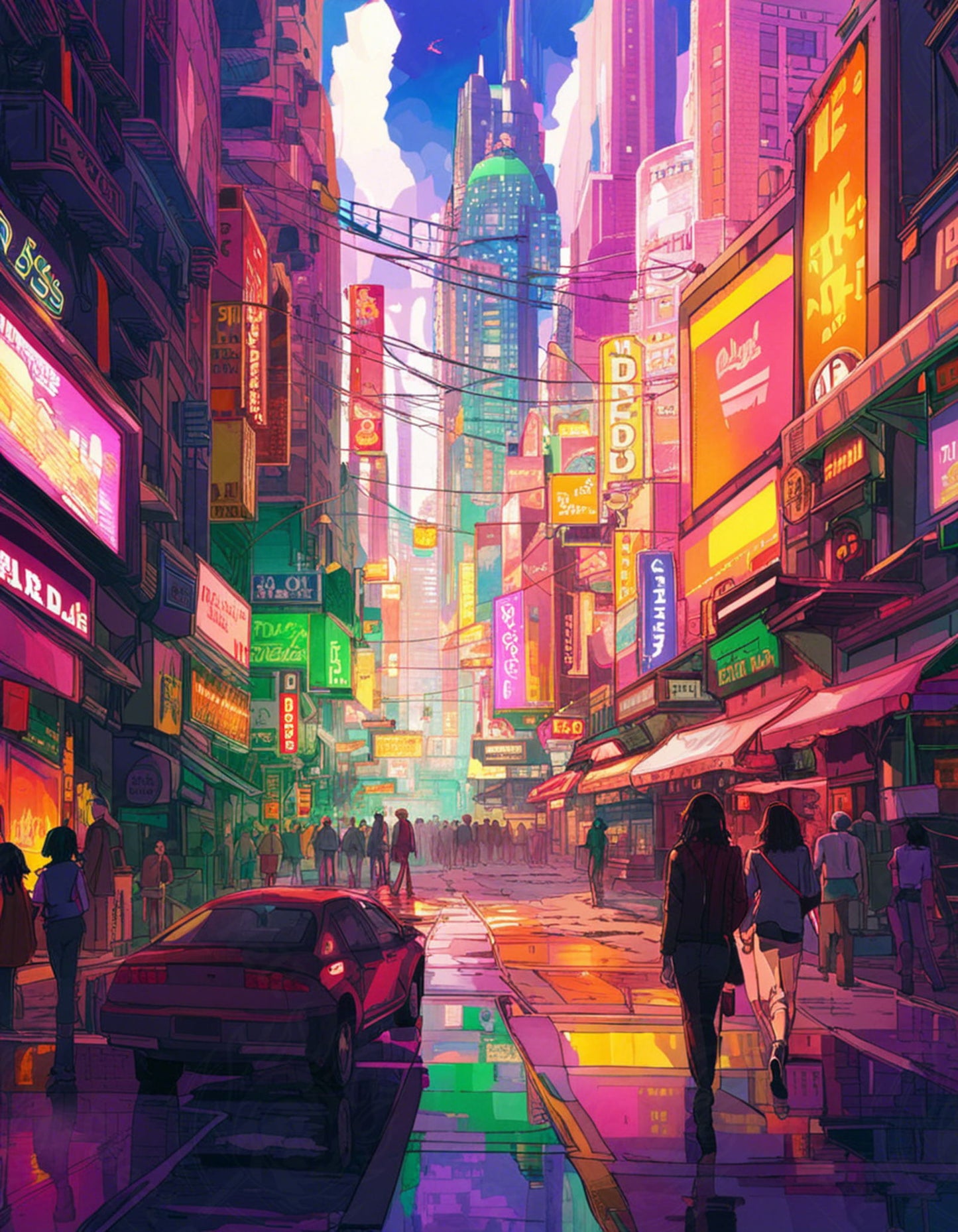 Street Level Illustrated View of a Densely Populated City Set Sometime in the Near Future 0159 SN1110 - Sweet As Hell Designs