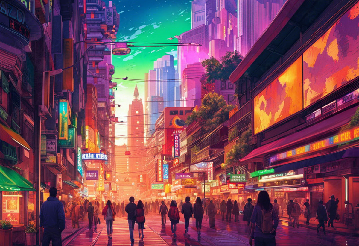 Street Level Illustrated View of a Densely Populated City Set Sometime in the Near Future 0179 SN1130 - Sweet As Hell Designs
