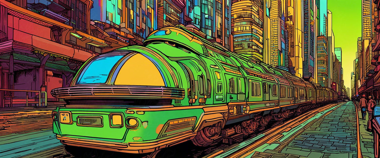 Street Level View of a Illustrated Future City in a Colored Line Art Style 0006 SN1202 - Sweet As Hell Designs