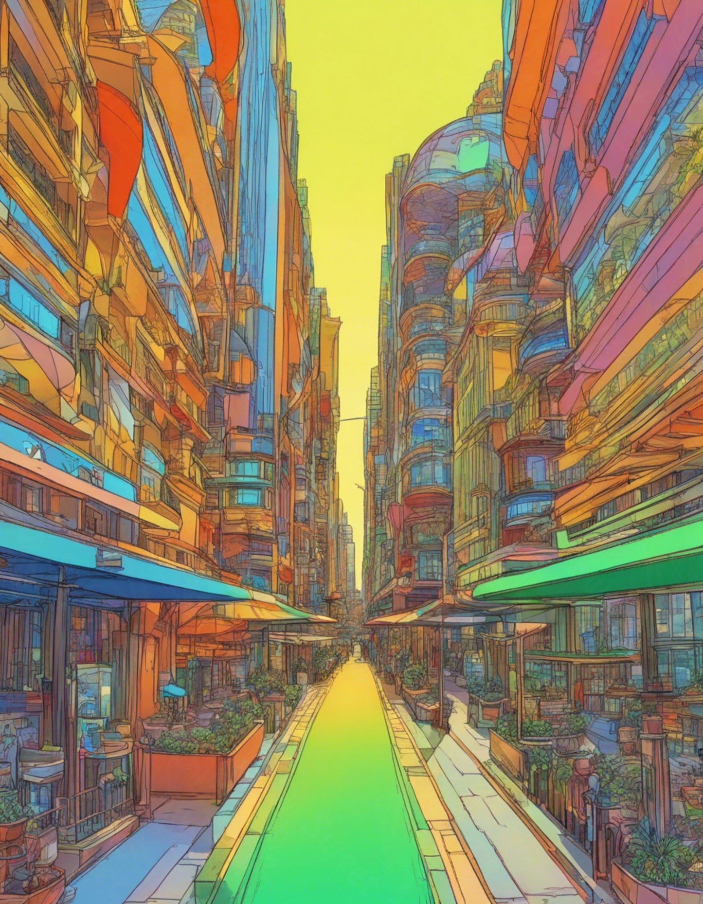 Street Level View of a Illustrated Future City in a Colored Line Art Style 0013 SN1209 - Sweet As Hell Designs