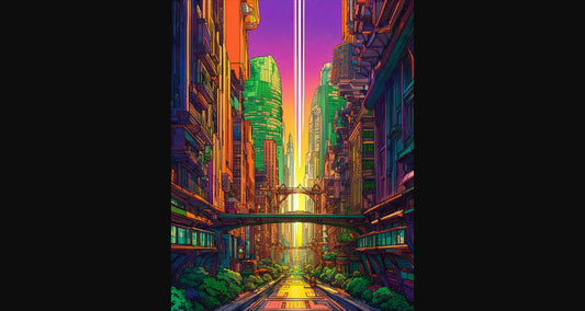 Street Level View of a Illustrated Future City in a Colored Line Art Style 0016 SN1212 - Sweet As Hell Designs
