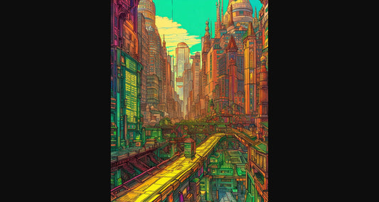 Street Level View of a Illustrated Future City in a Colored Line Art Style 0017 SN1213 - Sweet As Hell Designs