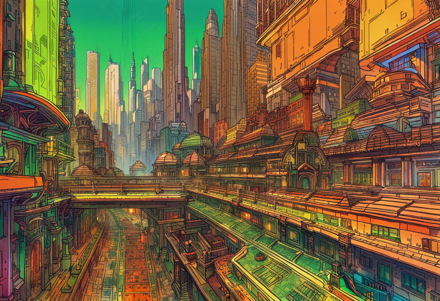 Street Level View of a Illustrated Future City in a Colored Line Art Style 0018 SN1214 - Sweet As Hell Designs