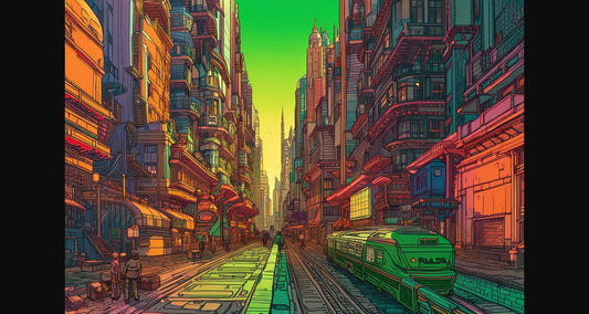 Street Level View of a Illustrated Future City in a Colored Line Art Style 0019 SN1215 - Sweet As Hell Designs