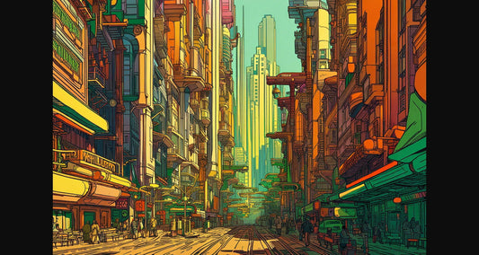 Street Level View of a Illustrated Future City in a Colored Line Art Style 0021 SN1217 - Sweet As Hell Designs