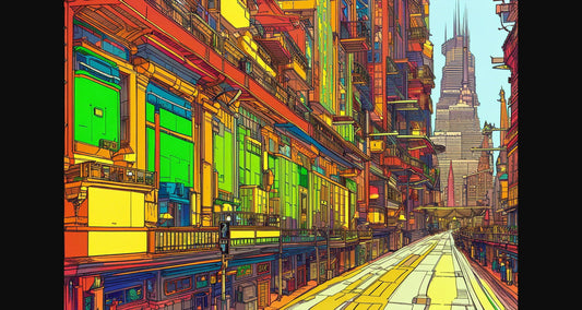 Street Level View of a Illustrated Future City in a Colored Line Art Style 0022 SN1218 - Sweet As Hell Designs