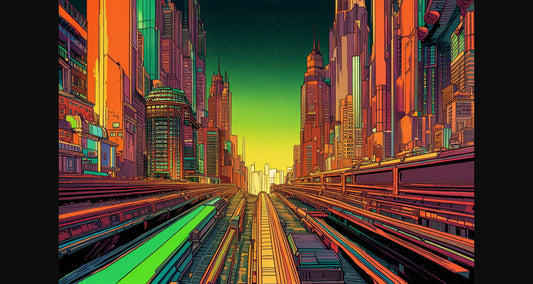 Street Level View of a Illustrated Future City in a Colored Line Art Style 0023 SN1219 - Sweet As Hell Designs