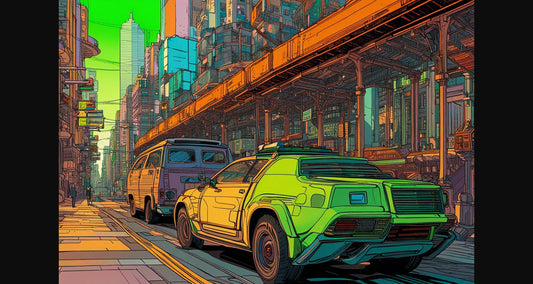 Street Level View of a Illustrated Future City in a Colored Line Art Style 0025 SN1221 - Sweet As Hell Designs