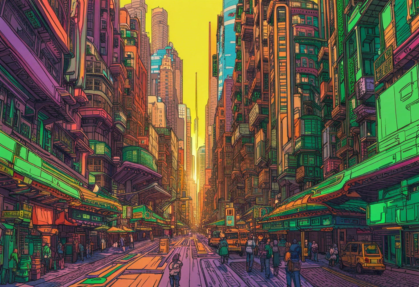 Street Level View of a Illustrated Future City in a Colored Line Art Style 0026 SN1222 - Sweet As Hell Designs