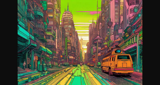 Street Level View of a Illustrated Future City in a Colored Line Art Style 0027 SN1223 - Sweet As Hell Designs
