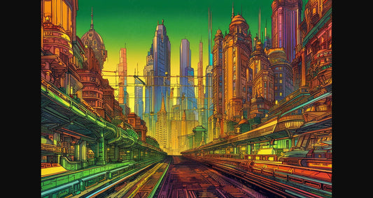 Street Level View of a Illustrated Future City in a Colored Line Art Style 0028 SN1224 - Sweet As Hell Designs