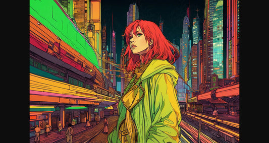 Street Level View of a Illustrated Future City in a Colored Line Art Style 0029 SN1225 - Sweet As Hell Designs