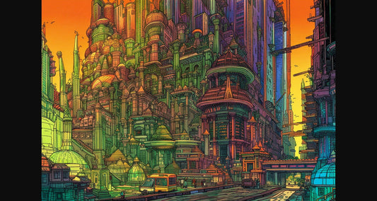 Street Level View of a Illustrated Future City in a Colored Line Art Style 0030 SN1226 - Sweet As Hell Designs