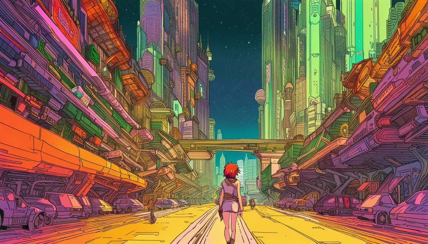 Street Level View of a Illustrated Future City in a Colored Line Art Style 0033 SN1229 - Sweet As Hell Designs