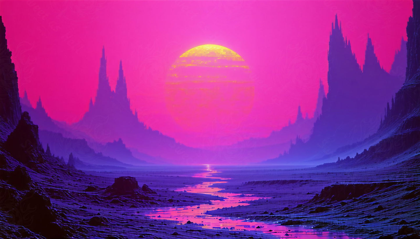 Surreal landscape with vibrant pink sky and sun SN3077 - Sweet As Hell Designs