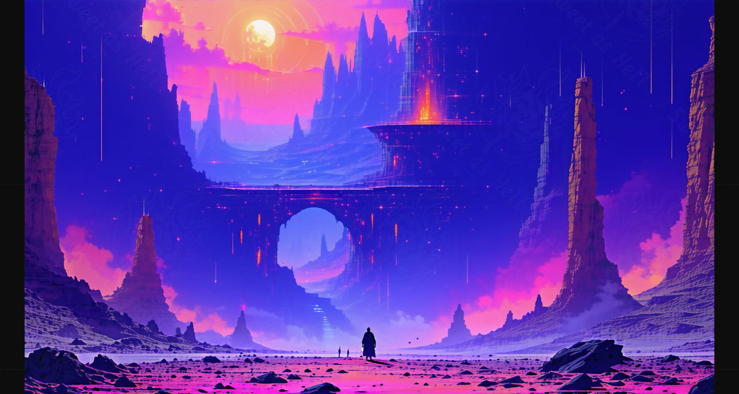 The Adventurer is dwarfed by the futuristic fantasy landscape at sunset SN3078 - Sweet As Hell Designs