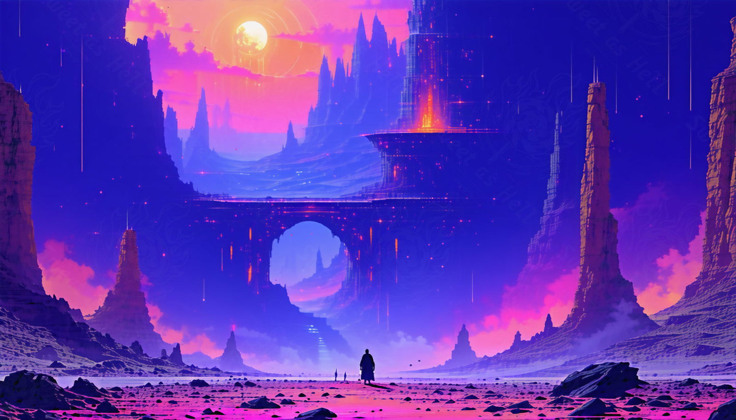 The Adventurer is dwarfed by the futuristic fantasy landscape at sunset SN3078 - Sweet As Hell Designs